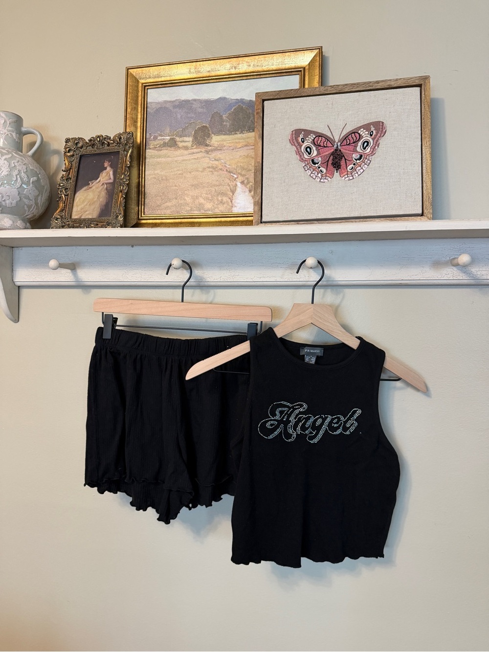 Primark Black 'Angel' Ribbed Tank and Shorts Sleep Set
